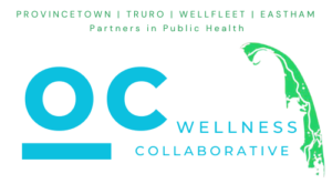 Blue text that reads "OC Wellness Collaborative." Green map outlining the Outer Cape towns of Cape Cod, Massachusetts.
Subheader reads "Provincetown, Truro, Wellfleet, Eastham: Partners in Public Health"
